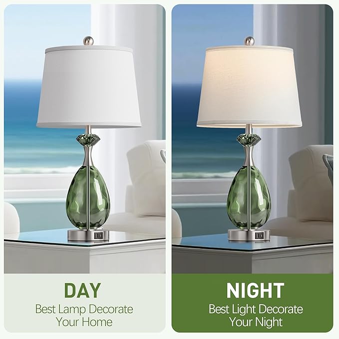 Coastal Glass Table Lamps Set of 2, 3-Way Dimmable Touch Control Nautical Lamp with USB A+C Ports,Bedside Lamp Beach Decor,Nightstand Lamp with White Shade for Living Room Bedroom(LED Bulbs Included)