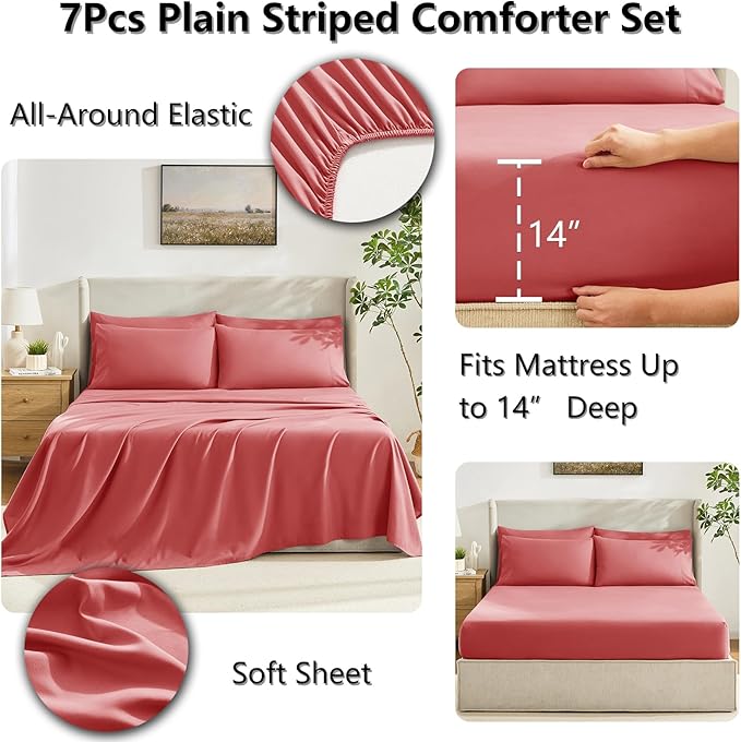 CozyLux Queen Comforter Set Coral, 7 Pieces Bed in a Bag, Coral Comforter Queen Size, All Season Bedding Sets with Stitch Quilted Comforter, Flat Sheet, Fitted Sheet, Pillowcases