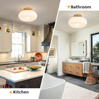 Mid-Century Modern Gold Semi Flush Mount Ceiling Light, Kitchen Ceiling Light Fixture with Glass Shade, Vintage White Close to Ceiling Lamp for Entryway Hallway Bathroom (11.0 Inch)