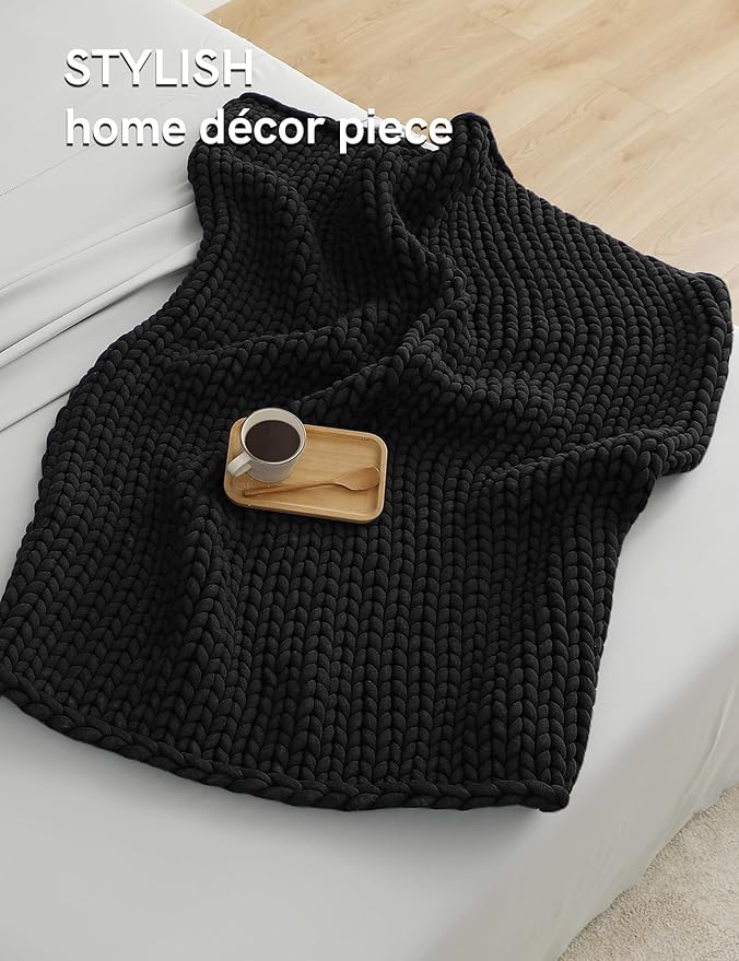 YnM Chunky Throw Blanket, Medium-Weight, Hand Knitted, Skin Friendly, Ventilated and Breathable, Machine Washable, Home Décor Piece for Couch, Sofa and Bed (Black, 60x80 Inch)