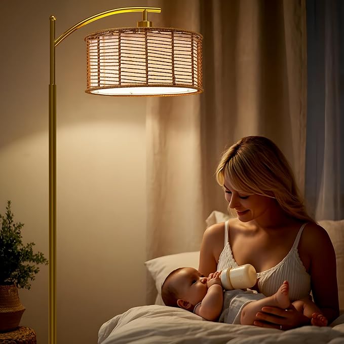 Oneach 62.5'' Arc Floor Lamp for Living Room, Rattan Boho Floor Lamp with Gold Metal Base, Double Shades, Farmhouse Rustic Modern Standing Lamp for Bedroom Office Corner