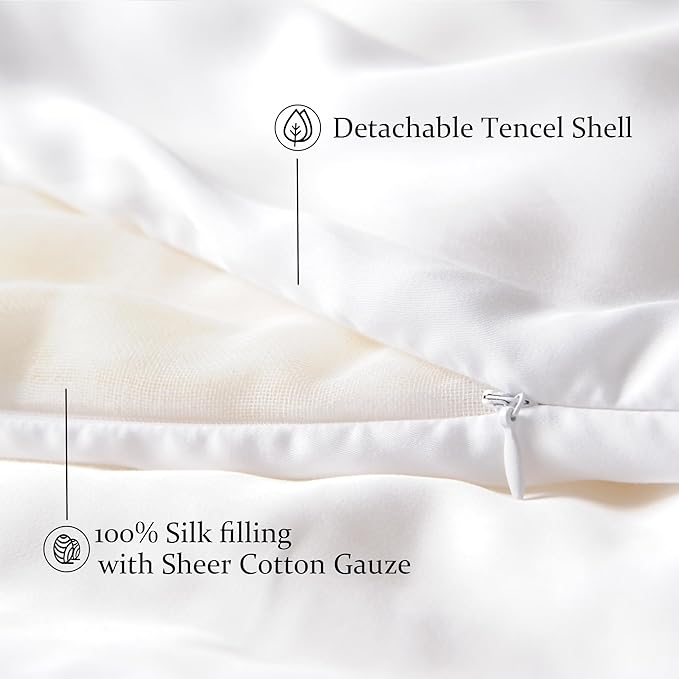 CUDDLE DREAMS Silk Filled Comforter for All Season, Detachable Tencel Duvet Cover for Easy Care, Naturally Breathable (White, Twin)