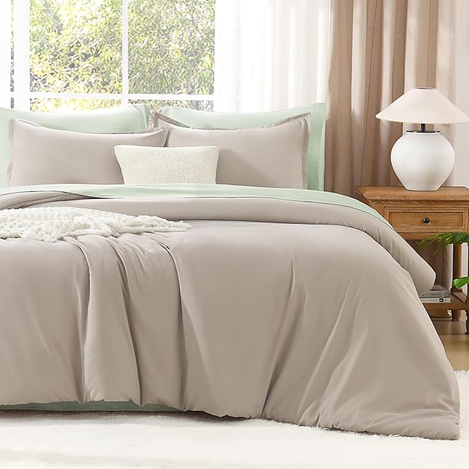 Litanika Oversized King Comforters Oatmeal Super King Size, 3 Pieces Lightweight Solid Bedding Comforter Set, All Season Fluffy Bed Set (120x120In Comforter & 2 Pillowcases)