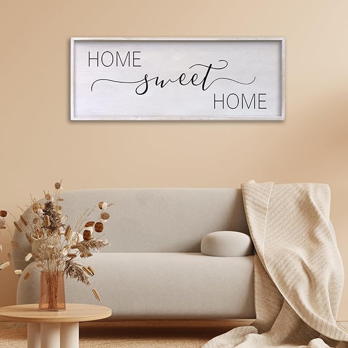 Home Sweet Home Sign Wall Decor 40"x15" Above Bed Living Room Large Wooden Framed Family Plaques Art (White)