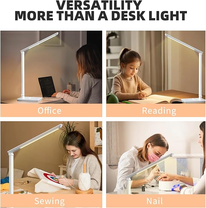 Desk Lamp with USB Charging Port, 14W 900LM Dimmable Eye-Caring Reading LED Desk Light for 9 Brightness Slide Touch & 5 Color Temperature Modes, Home Office Desktop Lamp, Small Study Lamp, White