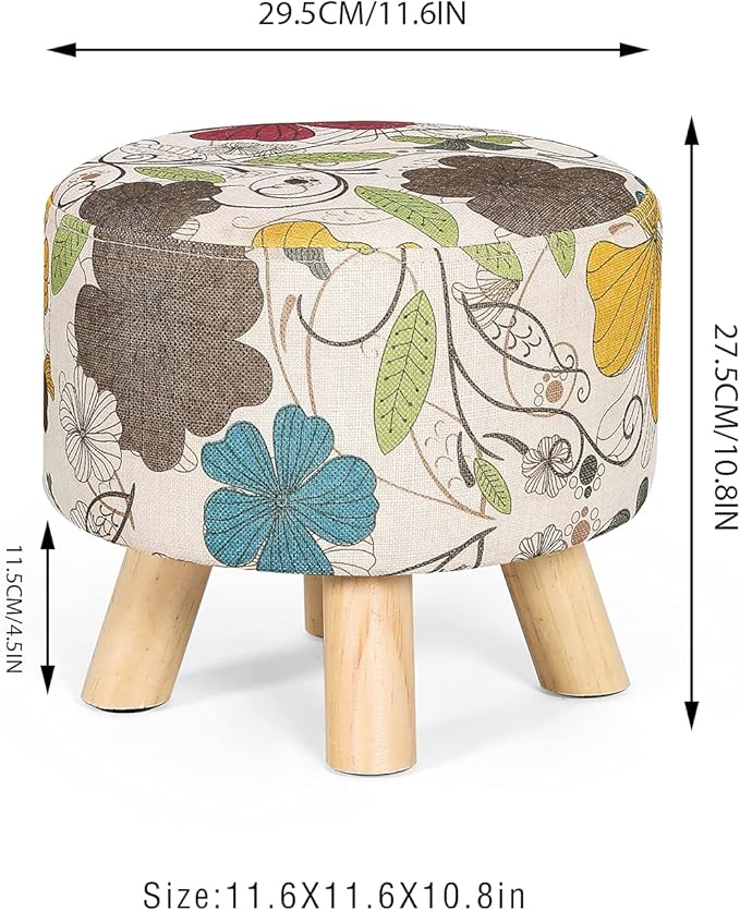 Asense Small Round Ottoman Foot Rest Stool Linen Padded Seat Footstool Ottoman with Anti-Slip Wooden Legs (Flower,Linen)