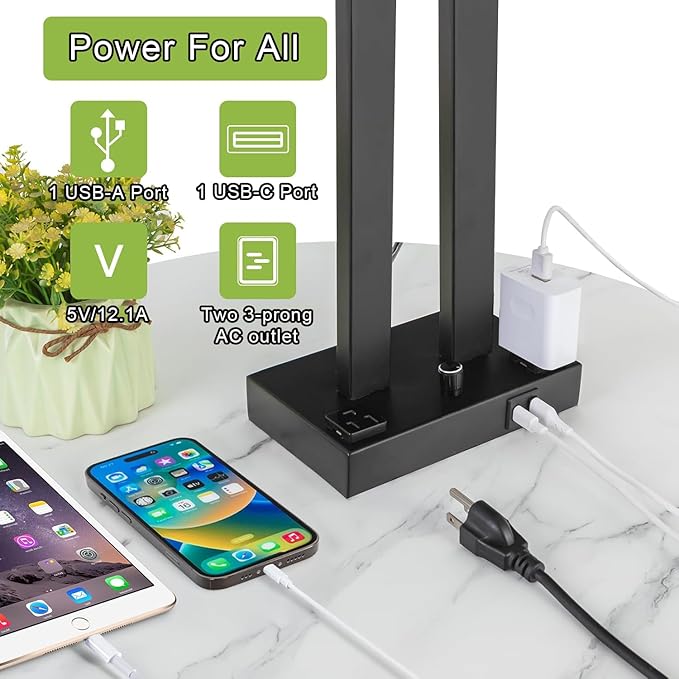 Modern Table Lamps Set of 2-22" Tall Bedside Lamps with USB-C/USB-A Charge Ports & Outlet, Stepless Dimmable Fabric Gray Shade Nightstand Lamps for Bedroom & Living Room