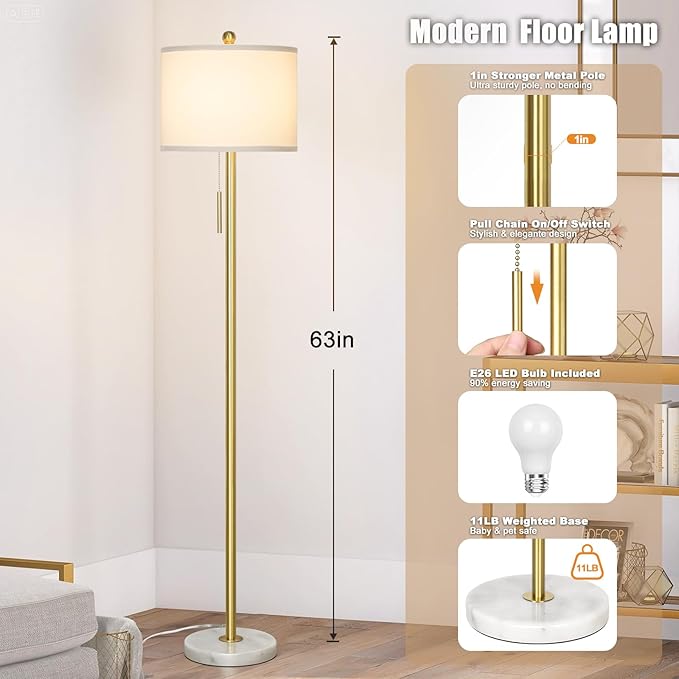 【Upgraded】 Dimmable Gold Floor Lamps for Living Room, 63in Modern Standing Lamp with Marble Base, Tall Pole Light with White Linen Shade for Bedroom Reading Office Corner Nursery