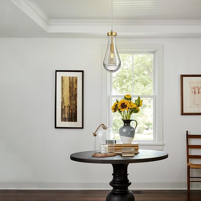 Raindrop Pendant Lights Kitchen Island Teardrop Gold Hanging Light Fixtures Clear Solid Glass Pendant Light Modern Chandeliers for Dining Room Porch Corridor Living Room…