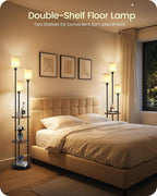 Floor Lamp with Shelves, Modern Floor Lamp with 3 Linen Shades and Foot Switch, 3-Light Standing Lamp, for Living Room, Bedroom, Study, Office, Rustic Brown and Beige EF53LD05