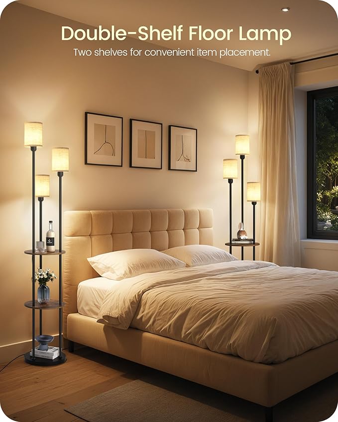 Floor Lamp with Shelves, Modern Floor Lamp with 3 Linen Shades and Foot Switch, 3-Light Standing Lamp, for Living Room, Bedroom, Study, Office, Rustic Brown and Beige EF53LD05