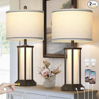 27" Tall Vintage Table Lamps with USB C+A & Outlet,Brown End Table Lamp Set of 2 for Living Room,Rustic Bedside Lamps with Frosted Glass Night Light for Bedroom Nightstand,Oil-Rubbed Bronze