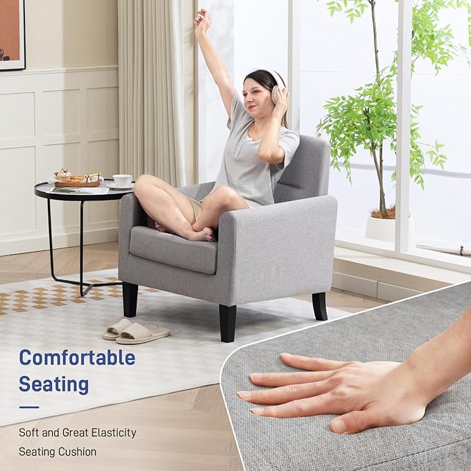 Accent Chairs Set of 2, Mid Century Modern Living Room Chairs Comfy Reading Chair with Upholstered Cushion Relax Armchair for Bedroom Apartment,Office,Light Grey