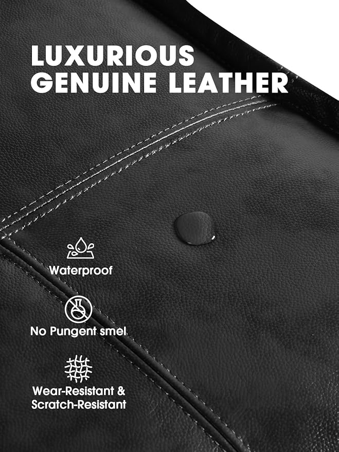 Genuine Leather Square Pouf Ottoman Footstool for Living Room, Bedroom, Indoor (Black)