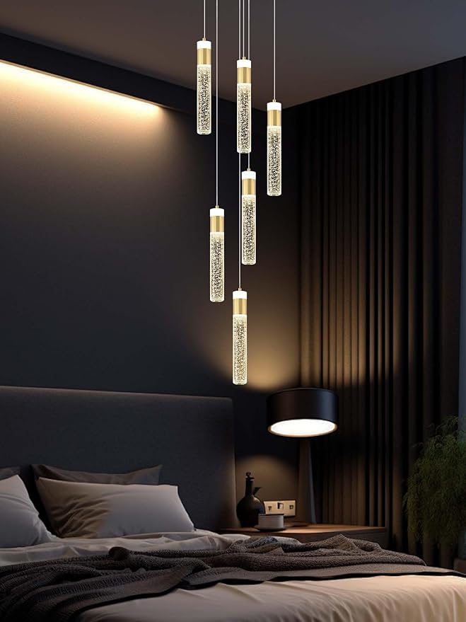 6-Light Gold Modern Crystal Raindrop Chandelier for Dining Room Entrance Long Crystal Bubble Column Chandelier for High Ceiling Lighting Fixtures LED Lampara, 3000k-6000K