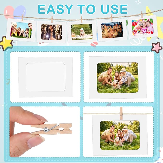 Janlaugh 100 Pcs Paper Photo Frames 4x6 White Paper Picture Frame with 100 Clip 10 String Kit DIY Hanging Cardboard Photo Holder Back to School Wall Decor Wedding Home