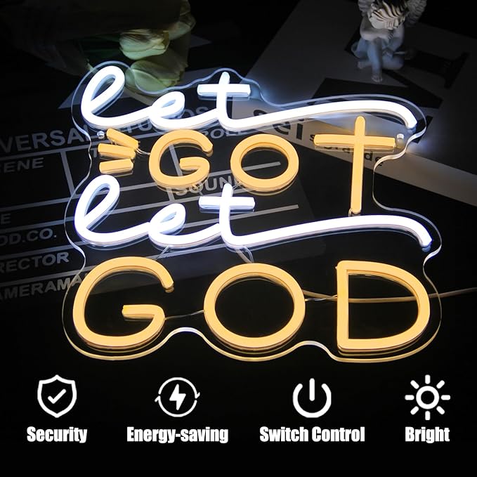 Let Go Let God Neon Sign Warm White Cross Neon Light Dimmable Letters LED Signs for Wall Jesus Neon Lights Signs for Bedroom Church Man Cave Bar Decor Christian Hymn USB Powered