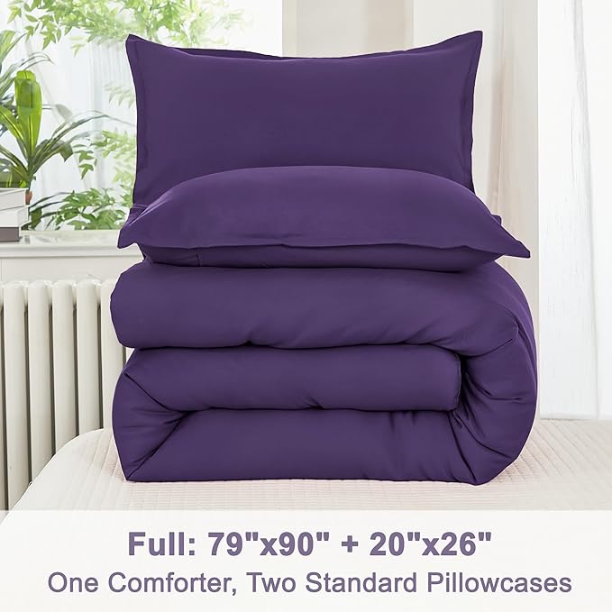 Litanika Purple Comforter Set Full Size, 3 Pieces Lightweight Solid Bedding Comforter Set, All Season Fluffy Bed Set (79x90In Comforter & 2 Pillowcases)
