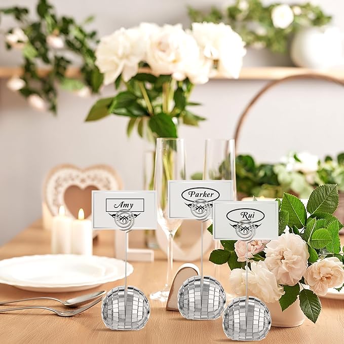 Prasacco 20 Set Disco Ball Table Number Holders, 2 Inch Silver Disco Ball Place Card Holder with Swirl Wire Clips und Name Cards for Wedding Party Decoration, Photo Display Holder, Desktop Decorations