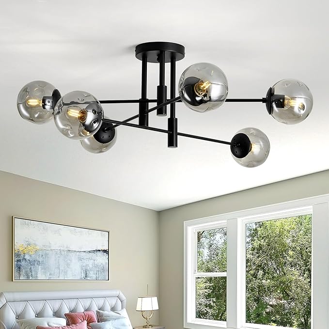SZXYKEJI 6-Lights Glass Globe Sputnik Chandelier Modern Flush Mount Ceiling Light Fixture Black Farmhouse Lighting for Dining Room Living Room Bedroom Kitchen Passageway.