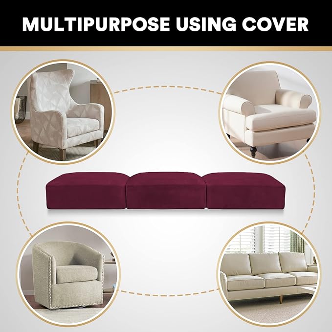 PrinceDeco Stretch Couch Cushion Covers Fitted Individual Seat Couch Slipcover Sets Velvet Fabric Soft Slip Cover for Chair Sofa Cushion Furniture Protector(Each Width Up to 29.5",Burgundy)