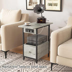 LIDYUK End Table with Charging Station, Narrow Side Table with Drawer and USB Ports & Power Outlets, Nightstand Bedside Tables for Small Spaces, Bedroom, Living Room, Light Grey, Set of 2