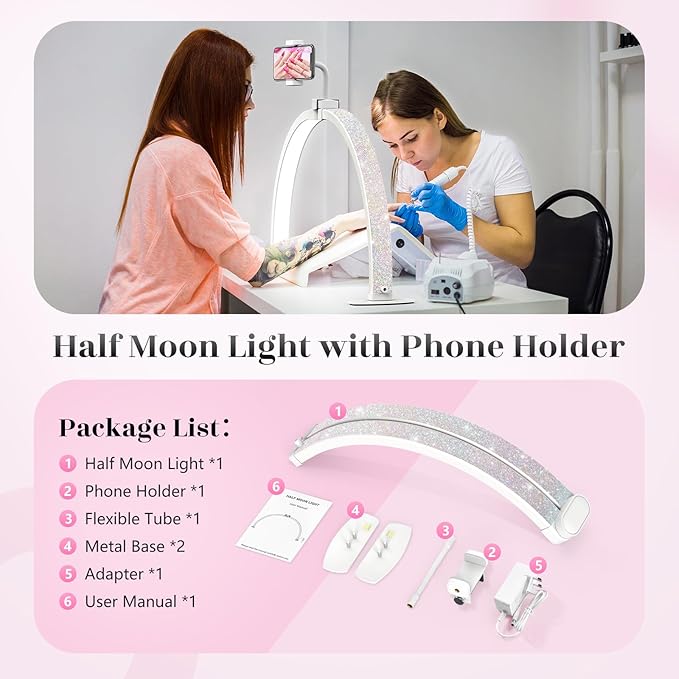 Yokilly Half Moon Light for Nail Desk: 29" Foldable Half Moon Desk Lamp with Phone Holder for Beginner - Arch Nail Tech Light with 3 Color Modes & 10 Brightness for Manicure Salon (Diamond, Large)