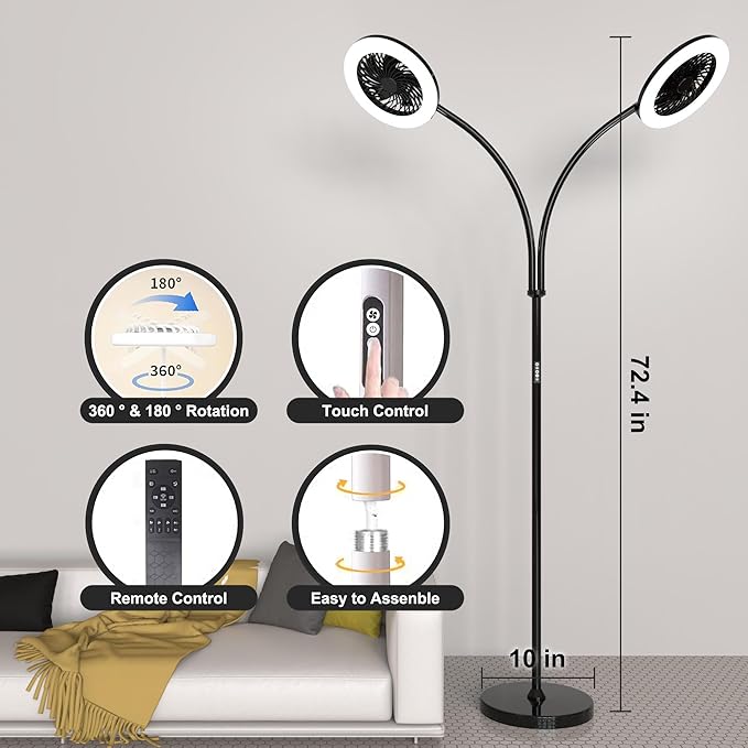 Floor Lamp with Fan Fan Light with RGB 12w/1000lm LED Floor Famp, Stepless Adjustable 3000K-6000K Color and Dimmer, Remote and Button Control, Adjustable Gooseneck Gloor Lamp (Black-2)