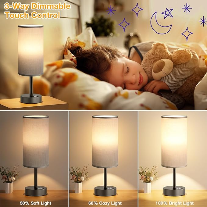 Small Touch Bedside Lamp with USB - 3 Way Dimmable Grey Table Lamp for Bedroom, Nightstand Lamp with Charging Station for Desk Dorm, Office