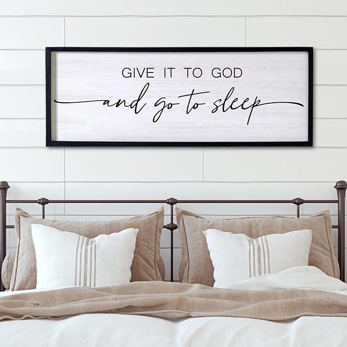 Give It to God and Go to Sleep Decorative Rustic Sign & Plaque Framed Wall Art for Couples, 40''×15'' Cottagecore Wooden Horizontal Wall Decor Above Bed, Vintage Farmhouse Wedding Gift for Bedroom