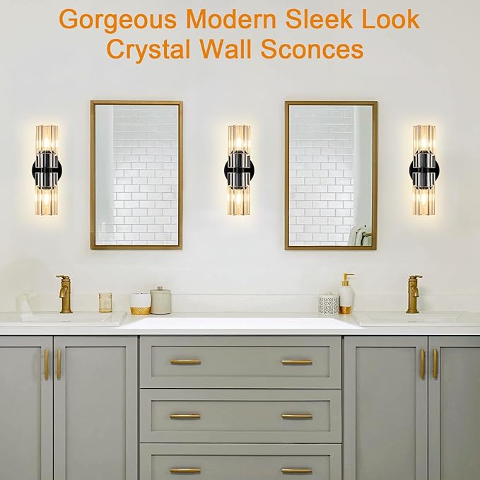 Black Crystal Wall Sconces Set of Two, Wall Sconce Set of 2, Black Sconces Wall Lighting with K9 Crystal Lampshade, Wall Lights for Bedroom Living Room Bathroom Hallway