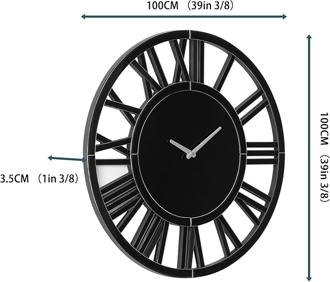 39.3" Oversize Wall Clock - Modern Black Glass Large Wall Clock with Roman Numerals, Decorative Wall Clocks for Living Room, Bedroom, Office - Easy to Hang, Silent Non-Ticking
