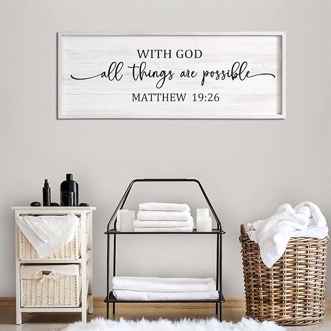 With God All Things are Possible Framed Wall Art, 40''×15'' Vintage Holy Religious Rustic Bible Verse for Christian God Jesus Christ Prayer, Positive Horizontal Inspirational Catholic Scripture Decor