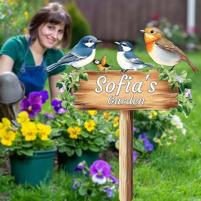 Personalized Colorful Bird Metal Sign with Stake,Custom Gardener Last Name Signs Outdoor Decorate,Customized Garden Accessories Decor for Mother,Birds on the Branch Plaques for Patio Lawn Porch Yard