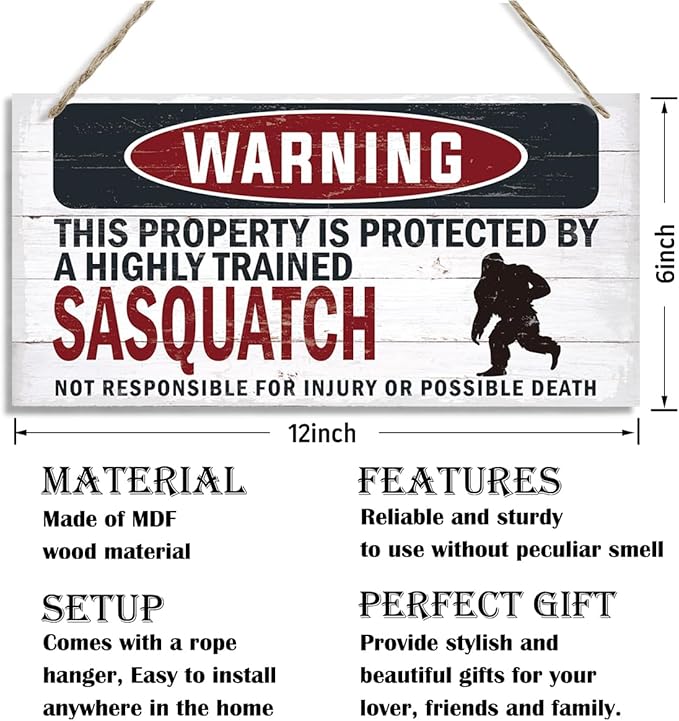 Warning Sign, Sasquatch Warning Wood Plaque Sign, Funny Door Signs, Decorative Wood Hanging Suspension Plaque, Farmhouse Wooden Wall Decor, Outdoor Hanging Wooden Signs