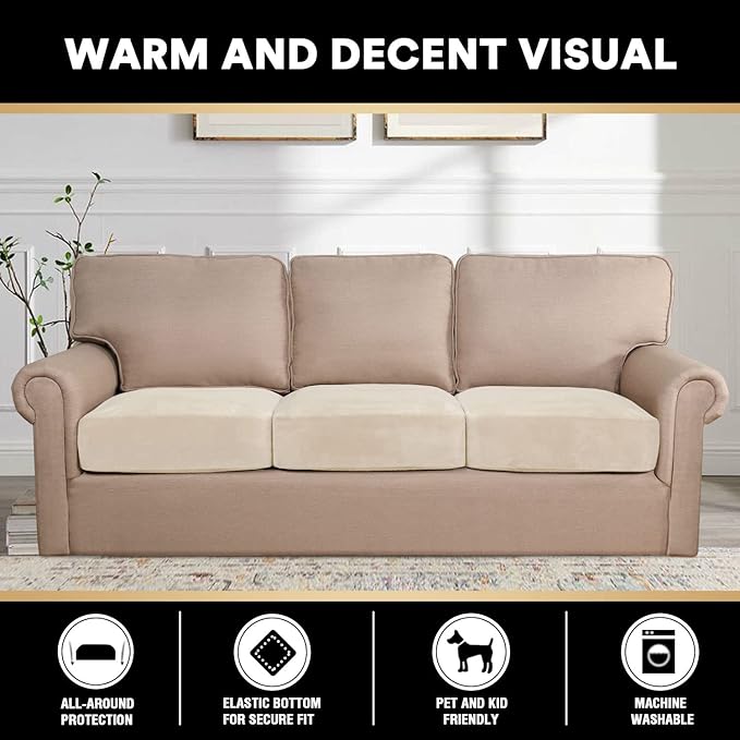 PrinceDeco Sectional Couch Cushion Covers 3 Pieces Velvet Separate Couch Cover Extra Large Stretch Sofa Slipcover Washable Furniture Protector for Sectional Sofa(Each Width Up to 40", Ivory)