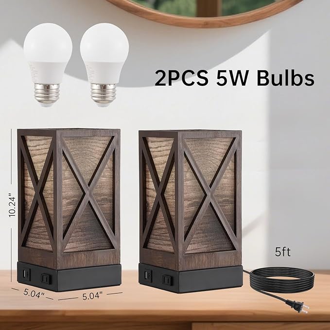 Table Lamp, Set of 2 Rustic Farmhouse Nightstand Lamps, 3 Color Temperatures Desk Lamp with USB Charging Ports AC Outlet Vintage Lamp for Living Room Bed Room, Brown Tiger Pattern