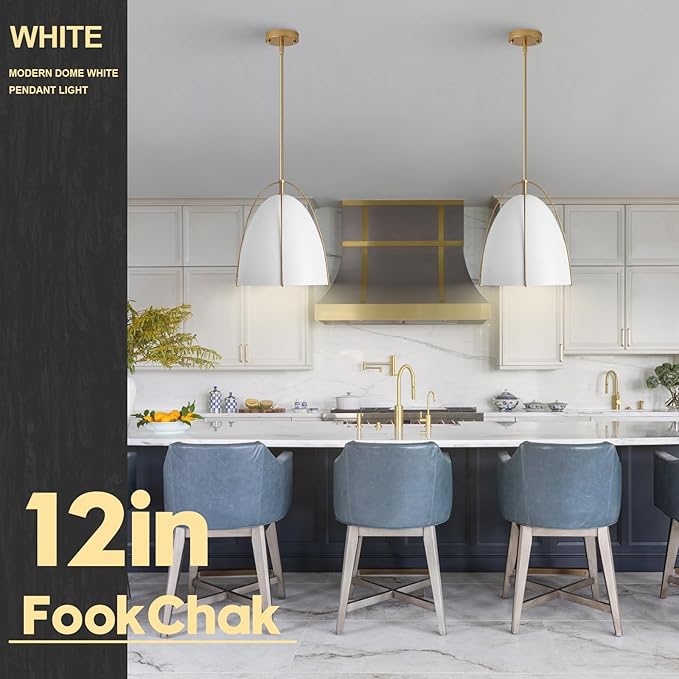 White Gold Pendant Light 3-Light Socket Large Pendant Light Fixture with Adjustable Pendant Rod 12in Dome Kitchen Pendant Lighting for Kitchen Island Dining Room Kitchen Sink, E26