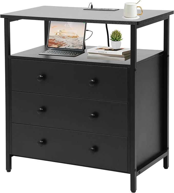 3 Wooden Drawers Night Stand, 27 Inch Wide Nightstand with Charging Station and Adjustable Drawers, Small Dresser for Closet, Bedside Table for Living Room/Bedroom/Office