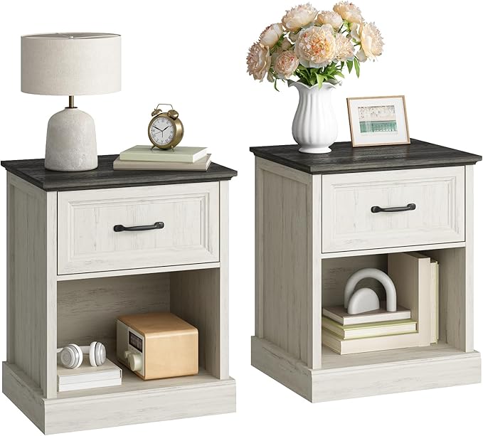 CARPETNAL 20" Farmhouse Nightstand Set of 2, End Table with Large Drawers & Open Storage, Side Table, Bedside Table for Bedroom, Living Room, White