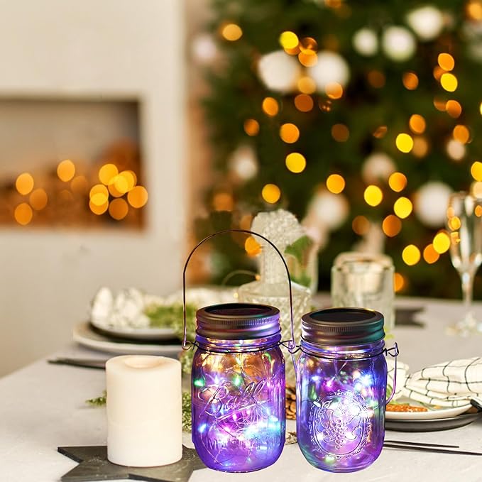 Solar Mason Jar Lights [Upgraded], 12 Pack 30 LED Firefly Fairy String Lights, Waterproof Outdoor Solar Mason Jar Lid Lights with Hangers(NO JARS) for Patio Garden Yard Wedding Decoration - Multicolor