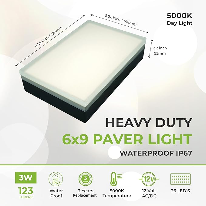LUMENGY Paver Light 6×9 Inch, (5.82 inch X 8.85 inch) Glare-Free 5000K Brick Lighting for Paver Driveways, Pathways, Patios & Garden,12V, Waterproof & Drive-Over Rated