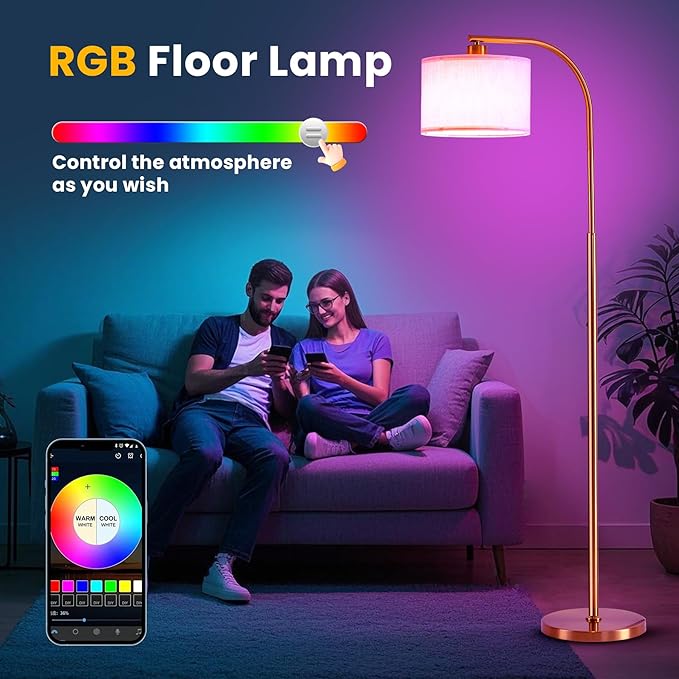 Floor Lamp for Living Room with Remote,Dimmable Tall Standing Lamps,Modern Floor Light with Smart RGB Bulb,App Control,3 Color Temperatures,Fabric Shades,Gold Floor Lamp for Bedroom Office Corner