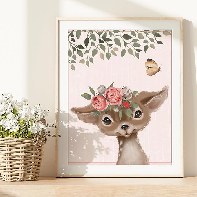 DREAM BIG PRINTABLES Woodland Animals Nursery Wall Art Prints (Set of 6) - Unframed - 11x14s | Set Includes Bear, Fox, Owl, Deer, Bunny Rabbit, and Raccoon wearing Floral Crowns