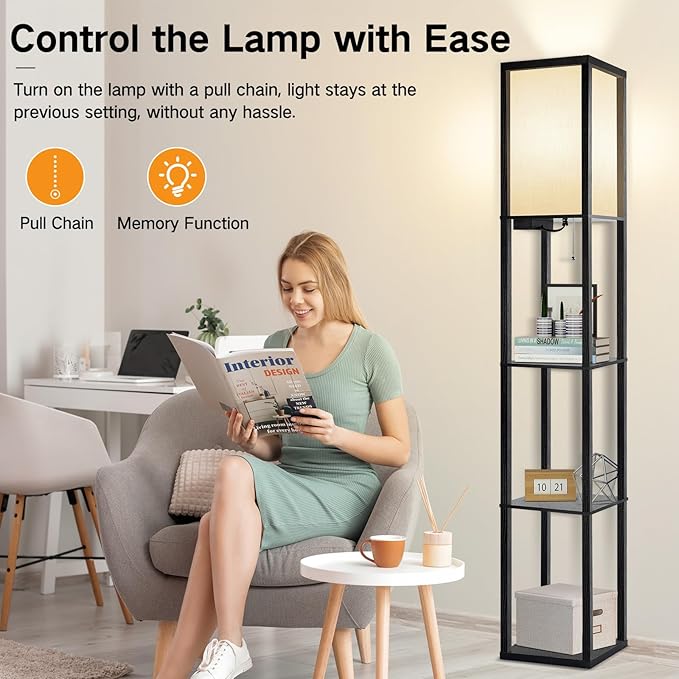 OUTON Floor Lamp with Shelves, LED Shelf Floor Lamp with 1 USB & 1 Type C Ports, 1 AC Outlet, 3 Color Temperature, Storage Display Wood Column Tall Standing Lamp for Living Room, Bedroom Office, Black