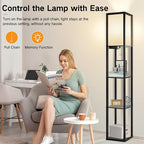 OUTON Floor Lamp with Shelves, LED Shelf Floor Lamp with 1 USB & 1 Type C Ports, 1 AC Outlet, 3 Color Temperature, Storage Display Wood Column Tall Standing Lamp for Living Room, Bedroom Office, Black