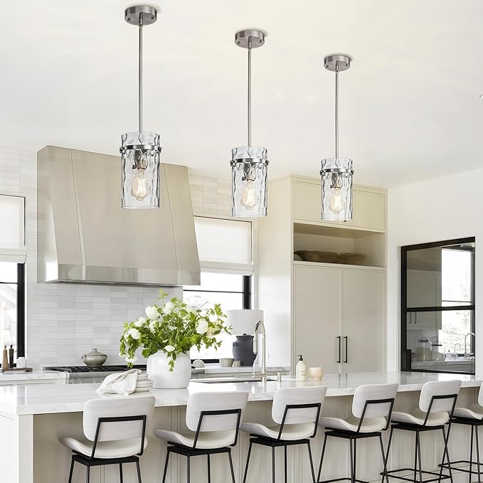 Nickel Hammered Hand-Blown Glass Pendant Light, Pendant Lights Kitchen Island Brush Nickel Pendant Light Fixtures over Island Modern Kitchen Island Lighting Dining Light Fixture Bedroom Foyer 1 Pack