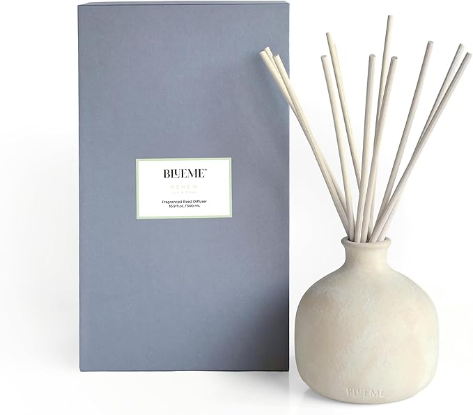 BLUEME Renew-Ivy & Rose, 16.91 Fl Oz Wellness Diffuser, Contains Essential Oil, Sustainable, Hand Finished, Premium, Luxury Ceramic, Natural Rattan Reeds
