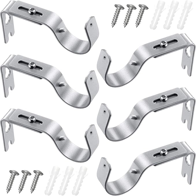 6 Pieces Curtain Rod Brackets General Adjustable Curtain Rod Holder Wall Bracket Hooks Outside Mounted Blinds Curtain Rod Bracket with Screws for 1 Inch Diameter Curtain Rod (Matt Silver)