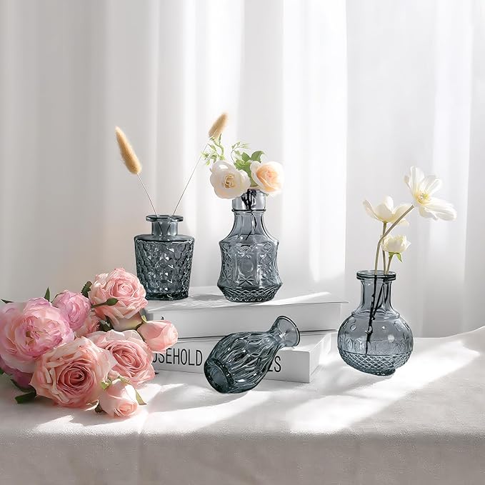 Small Glass Vase Set of 12, Grey Bud Vases for Centerpiece Table Decorations, Boho Vintage Flower Vases in Bulk, Mini Vase Decorative for Wedding Party Baby Shower Birthday Home Decor